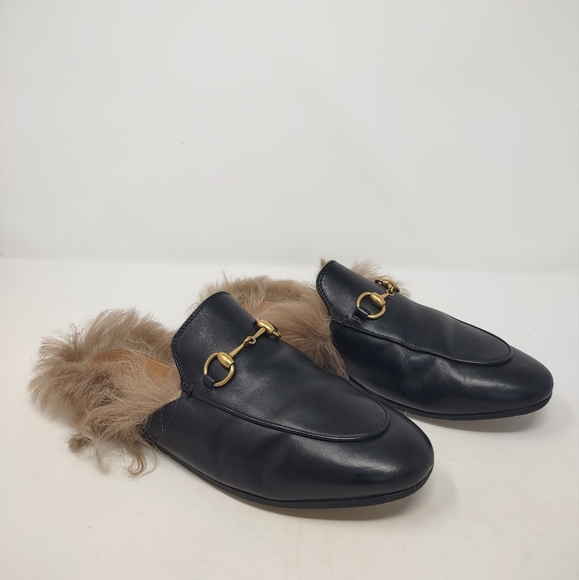 Gucci 37 Princetown fur black leather mules loafers slippers GG - Picture 7 of 16